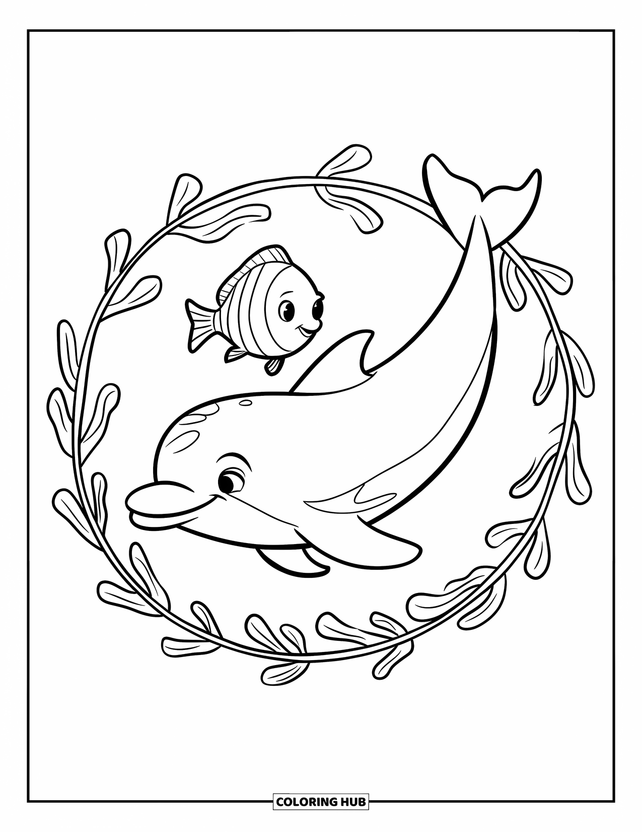 Dolphin Coloring Page for Kids: A happy dolphin and a fish gliding among simple seaweed
