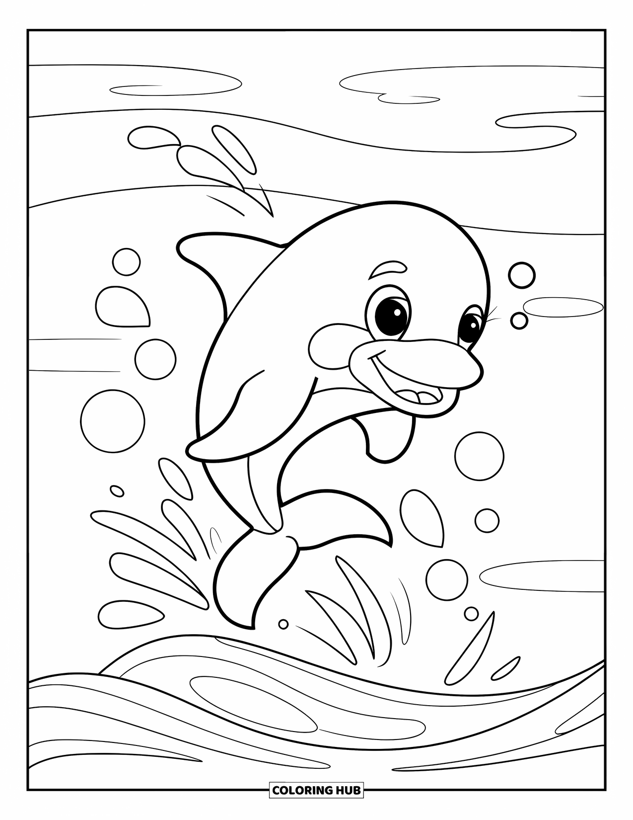 Dolphin Coloring Page for Kids: A happy dolphin jumping above a wave with bubbles floating nearby