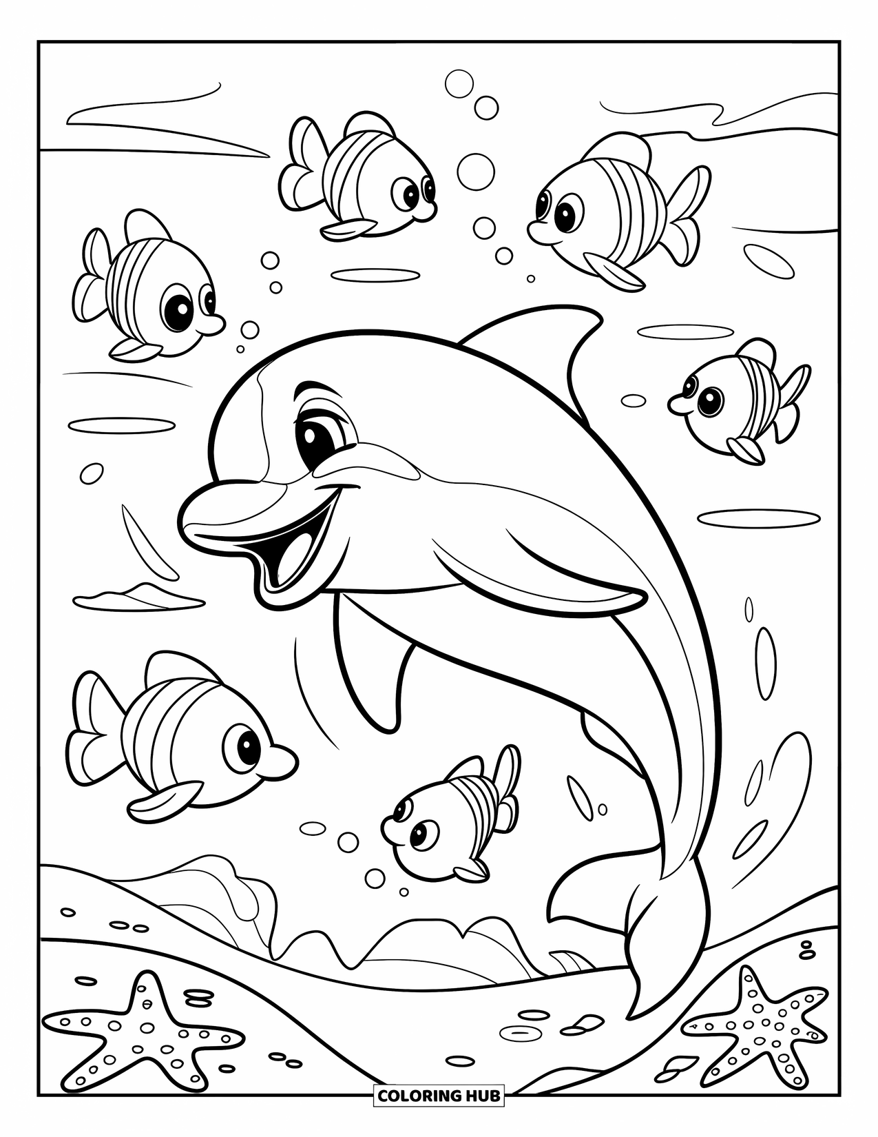 Dolphin Coloring Page for Kids: A happy dolphin jumping among fish, sea stars, and sandy ocean floor