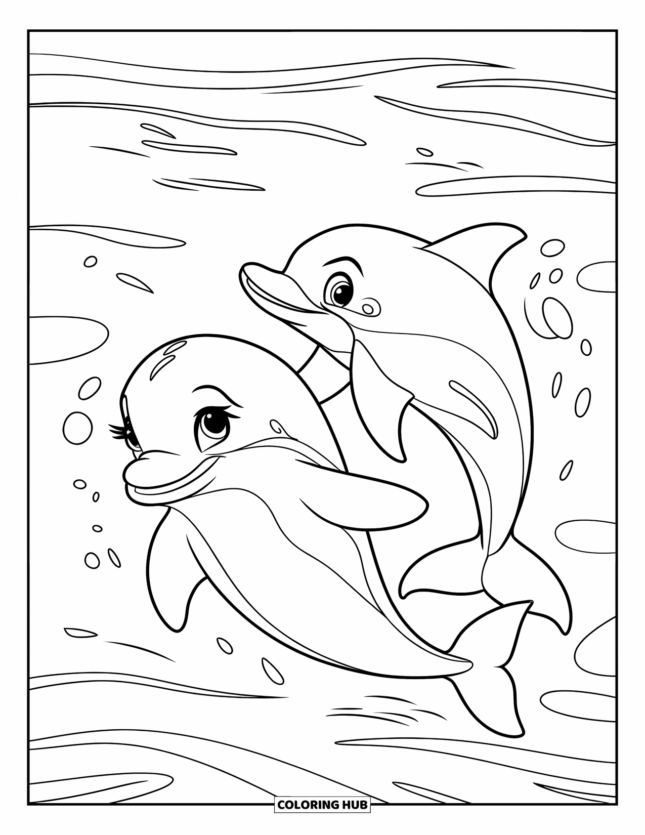 Dolphin Coloring Page for Kids: A pair of dolphins forming a heart shape underwater