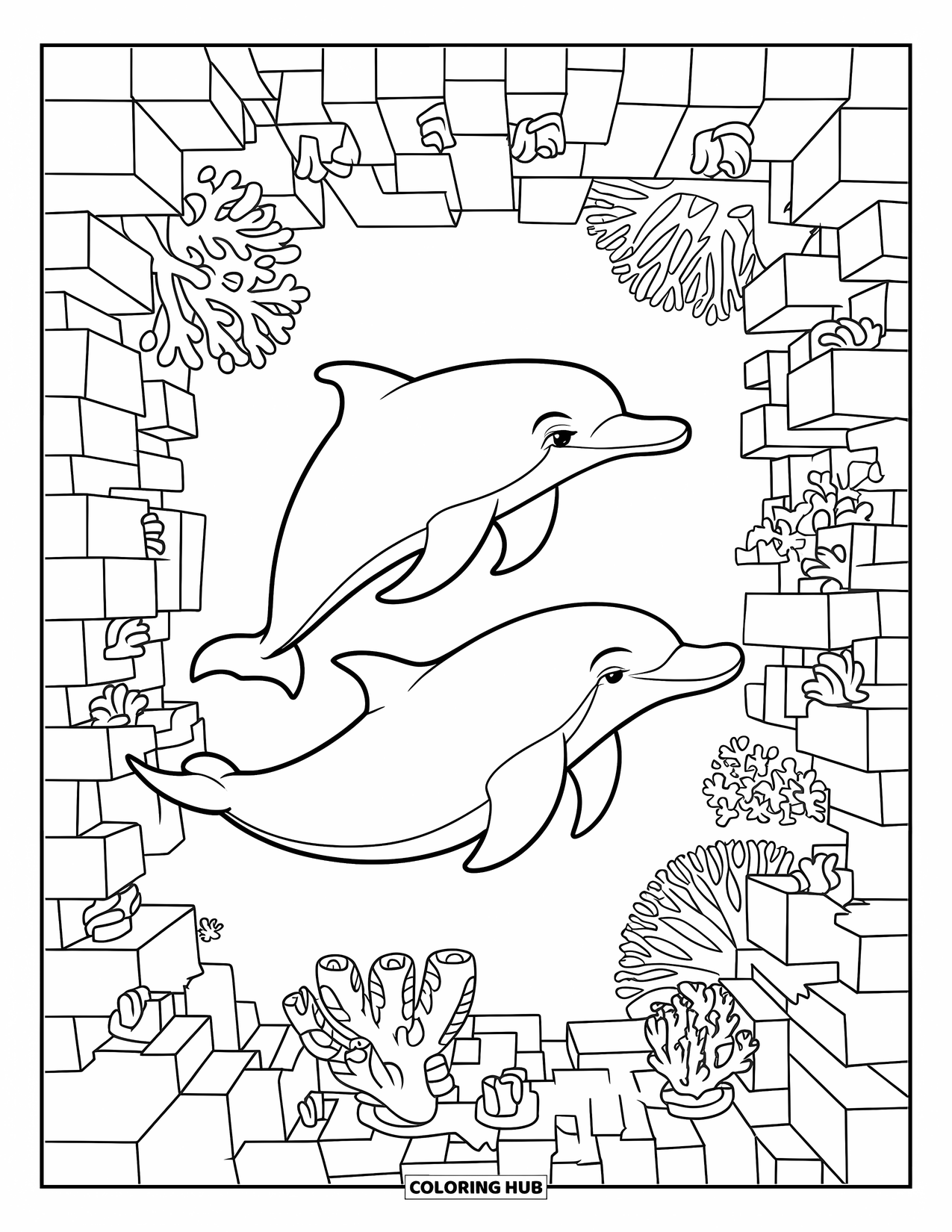 Dolphin Coloring Page for Kids: A pair of dolphins navigating a coral maze underwater