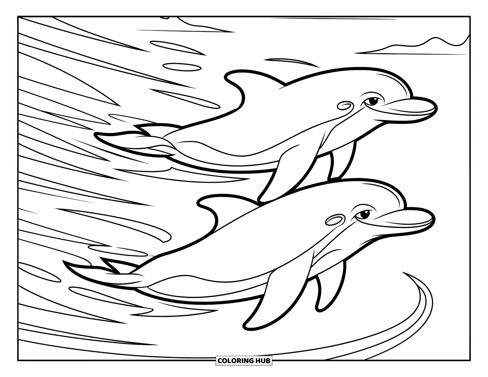 Dolphin Coloring Page for Kids: A pair of dolphins racing through swirling waves
