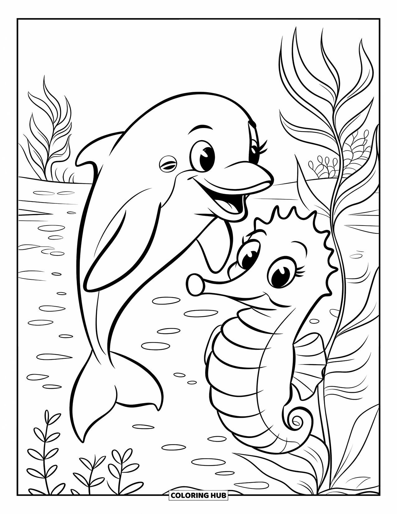 Dolphin Coloring Page for Kids: A playful dolphin and a seahorse surrounded by aquatic plants