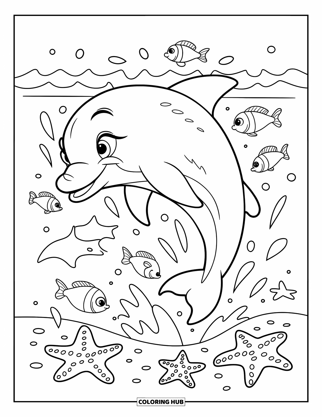 Dolphin Coloring Page for Kids: A playful dolphin leaping out of the water surrounded by fish and sea stars