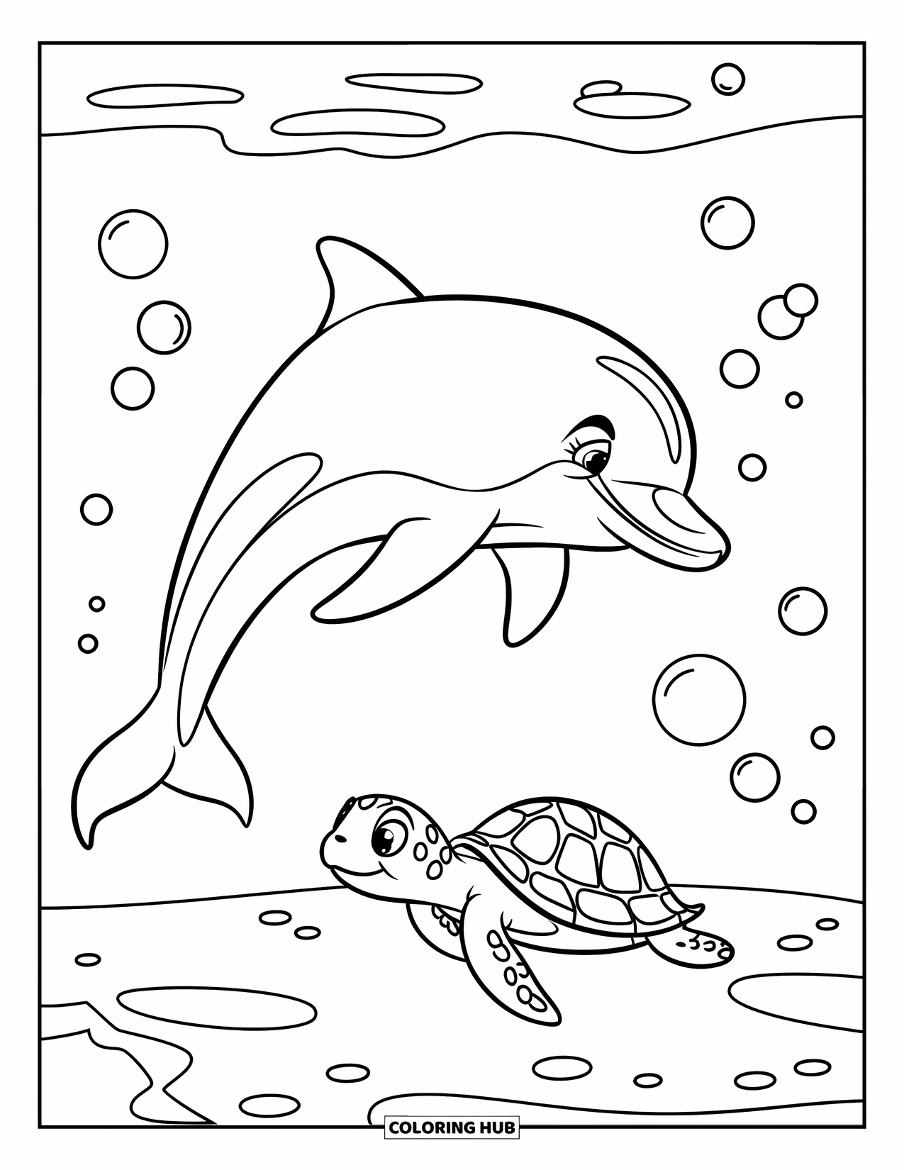 Dolphin Coloring Page for Kids: A smiling dolphin above a turtle with a few bubbles in the water