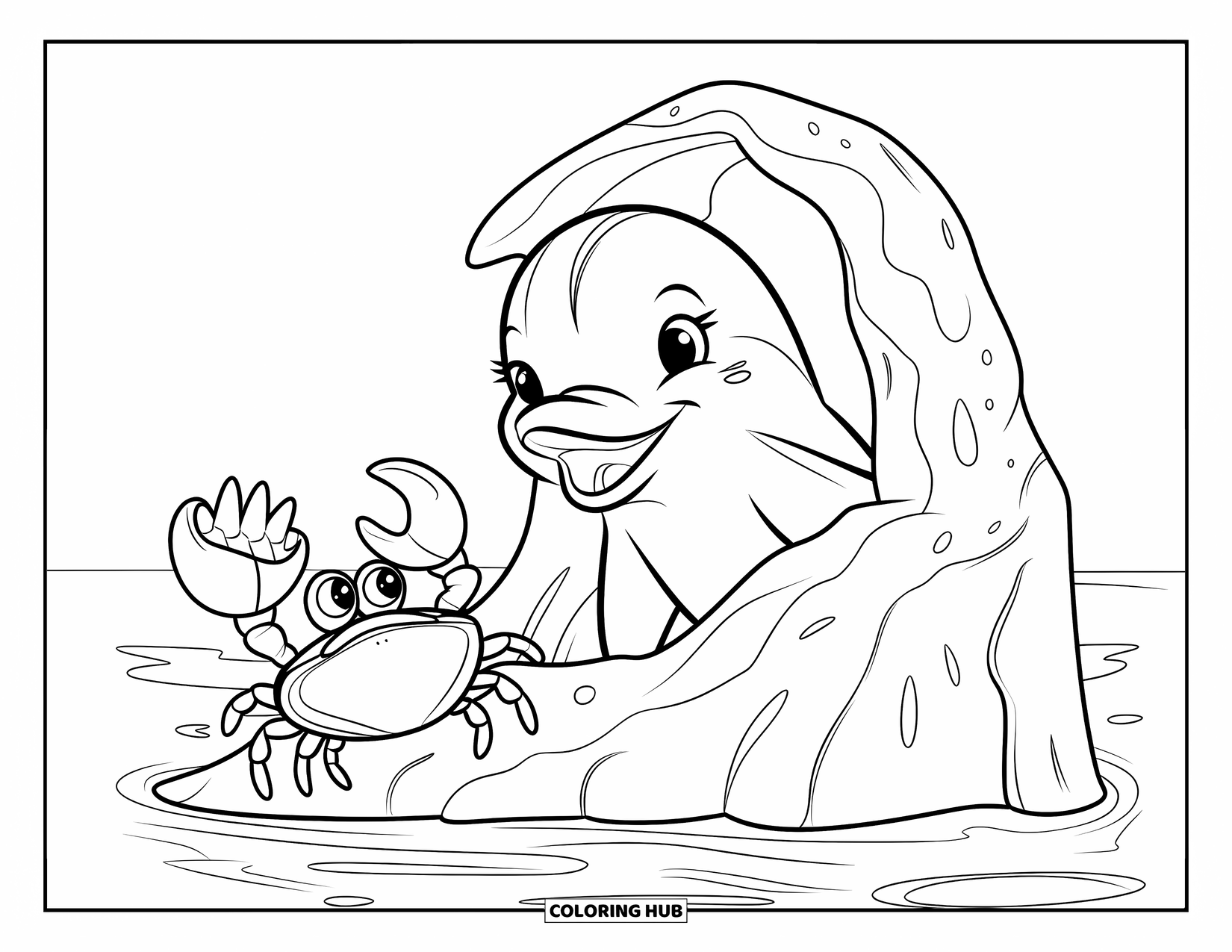 Dolphin Coloring Page for Kids: A smiling dolphin and a crab with a seashell near the rocks