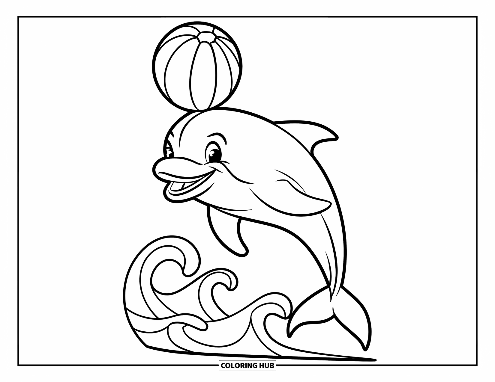 Dolphin Coloring Page for Kids: A smiling dolphin balancing a ball on its nose with small waves