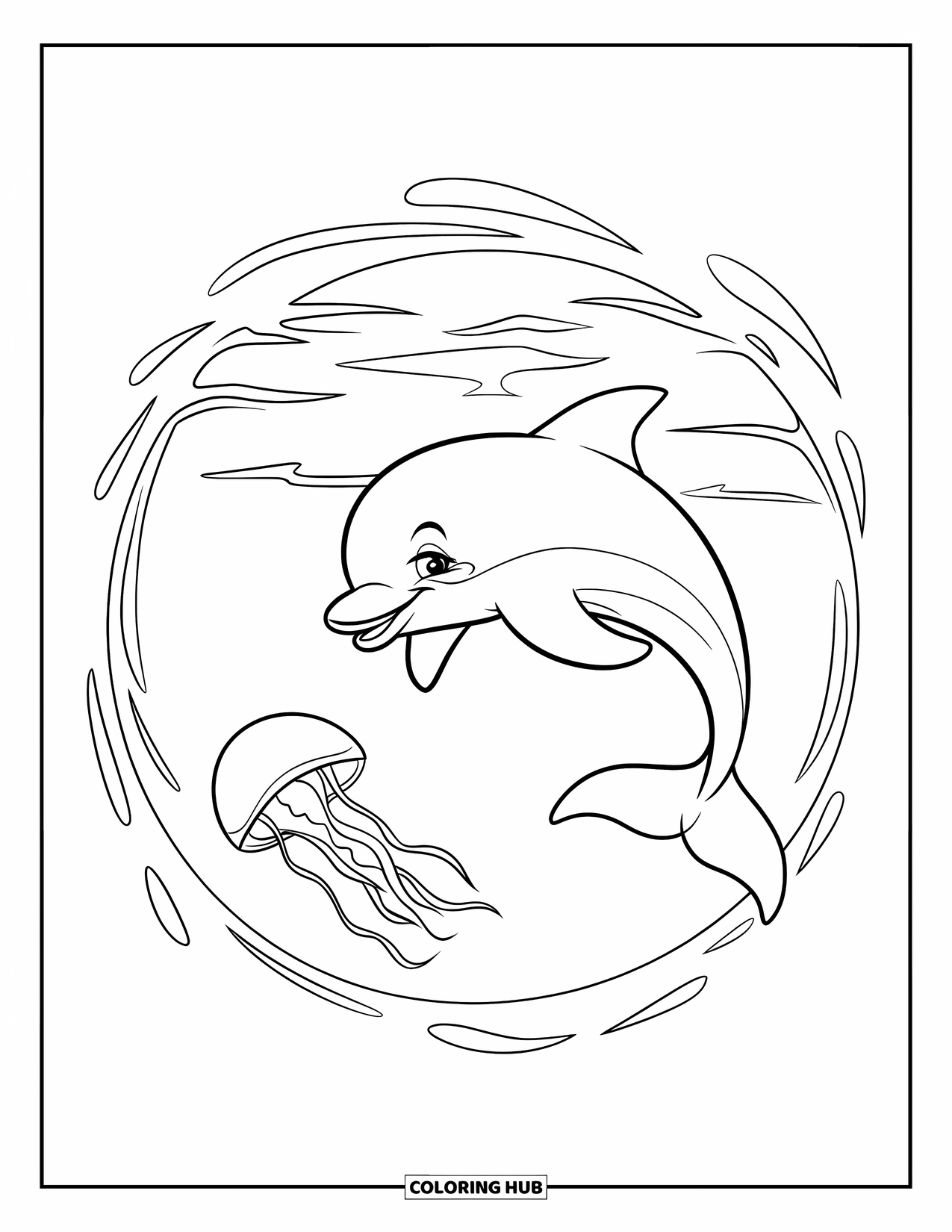 Dolphin Coloring Page for Kids: A smiling dolphin circling with a jellyfish and a few bubbles