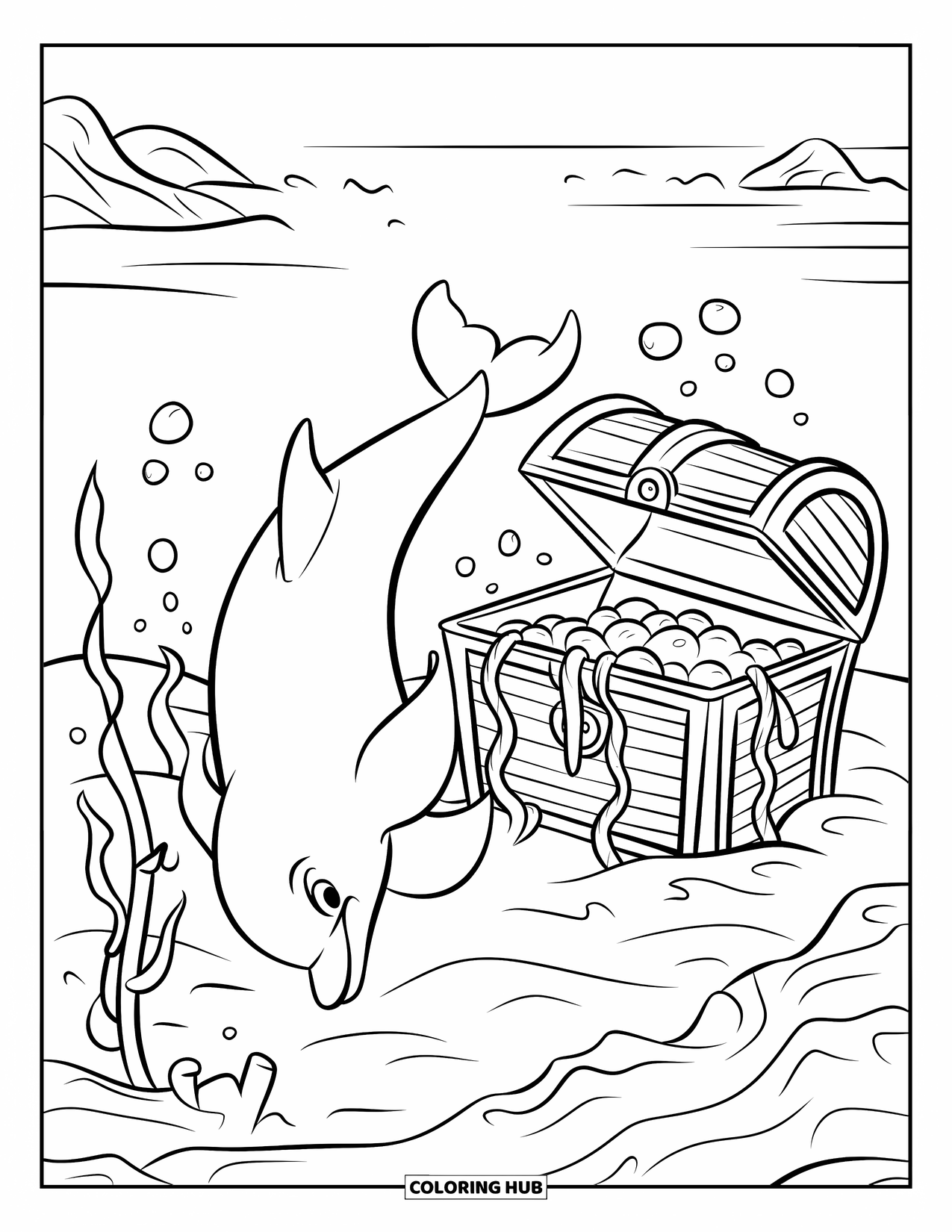 Dolphin Coloring Page for Kids: A smiling dolphin diving near a treasure chest with seaweed and bubbles