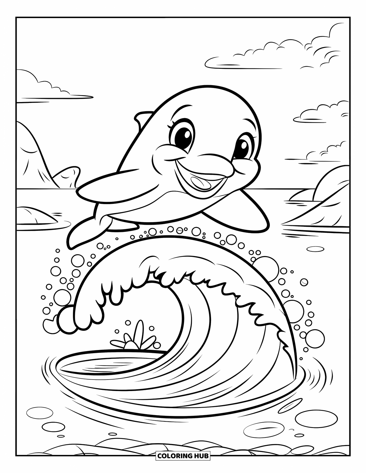 Dolphin Coloring Page for Kids: A smiling dolphin leaping over a wave with bubbles