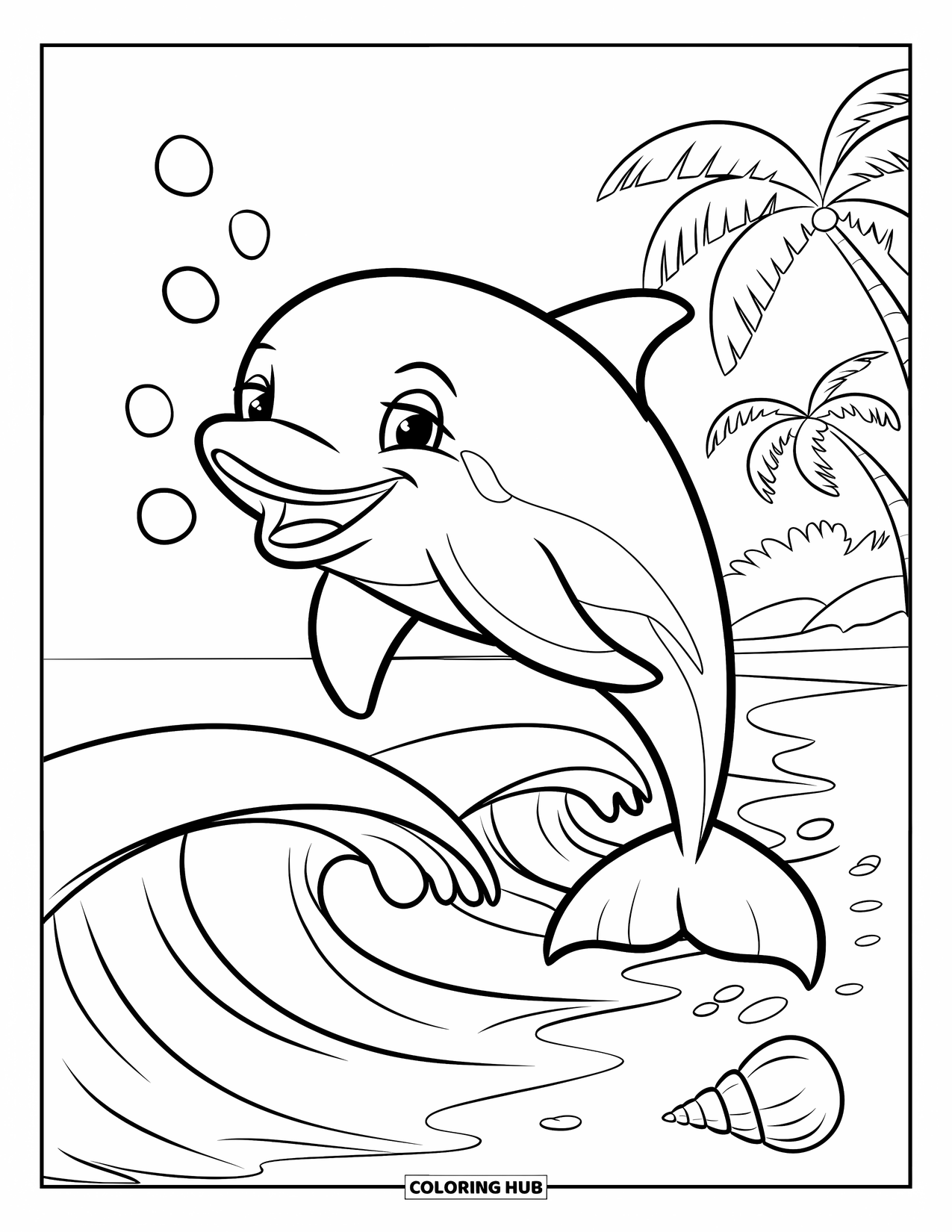 Dolphin Coloring Page for Kids: A smiling dolphin leaping over waves with seashells nearby