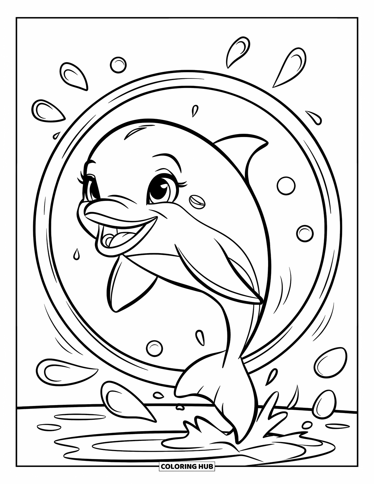 Dolphin Coloring Page for Kids: A smiling dolphin leaping through a hoop with splashing water