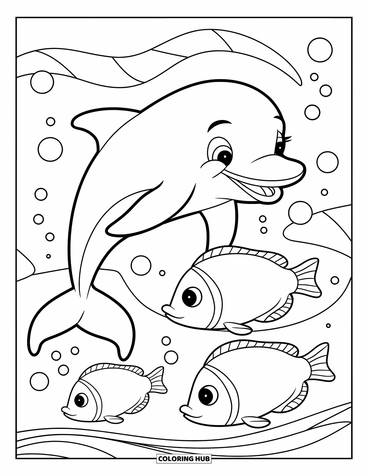 Dolphin Coloring Page for Kids: A smiling dolphin waving with three fish and bubbles around