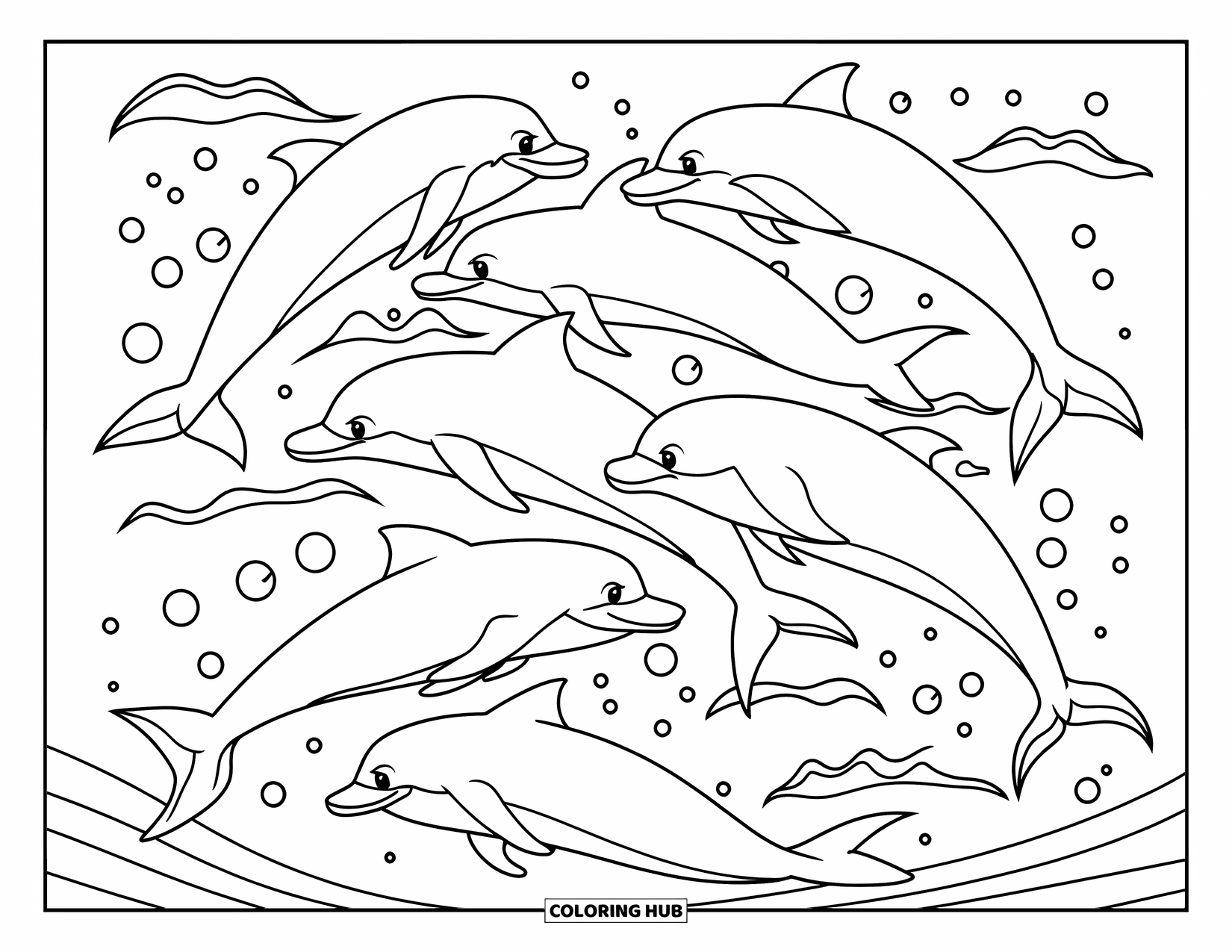 Dolphin Coloring Page for Kids: Dolphins swimming in a curved formation with waves and bubbles around them