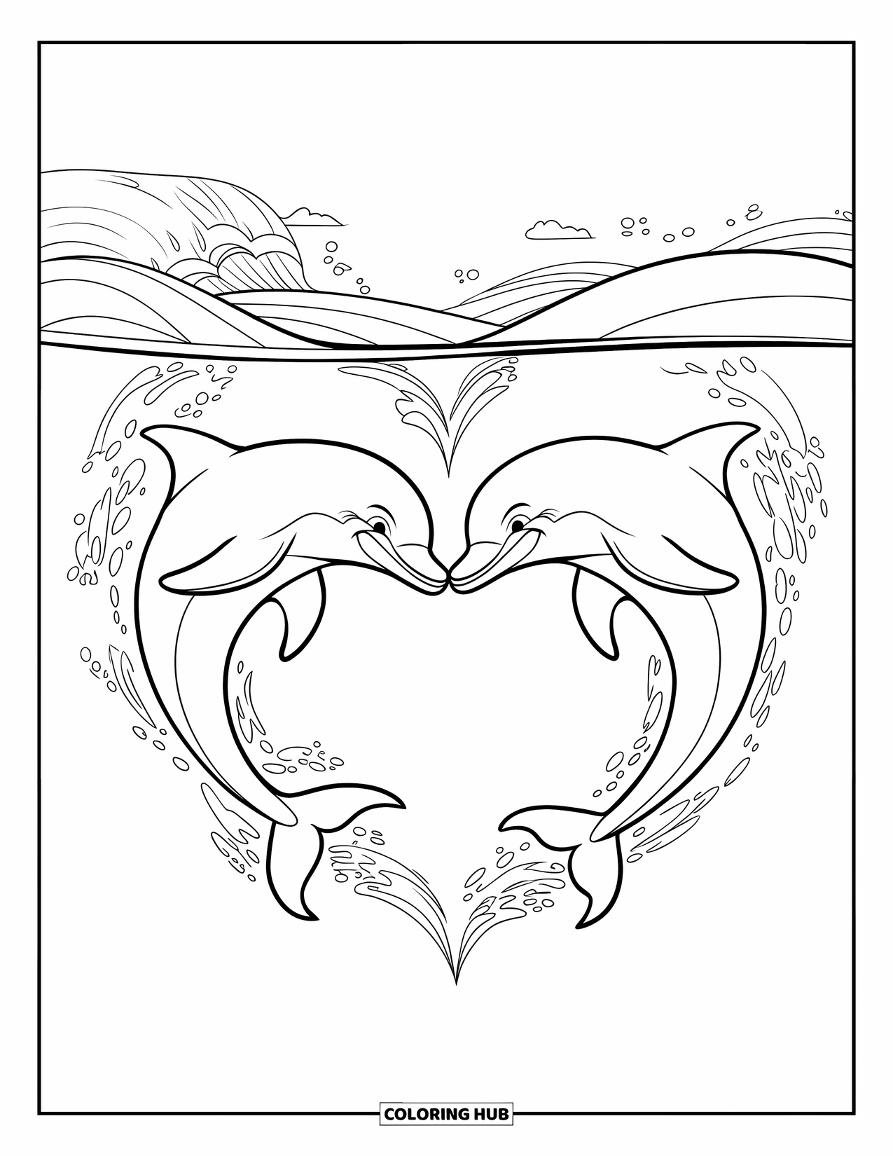 Dolphin Coloring Page for Kids: Two dolphins making a heart shape in the water
