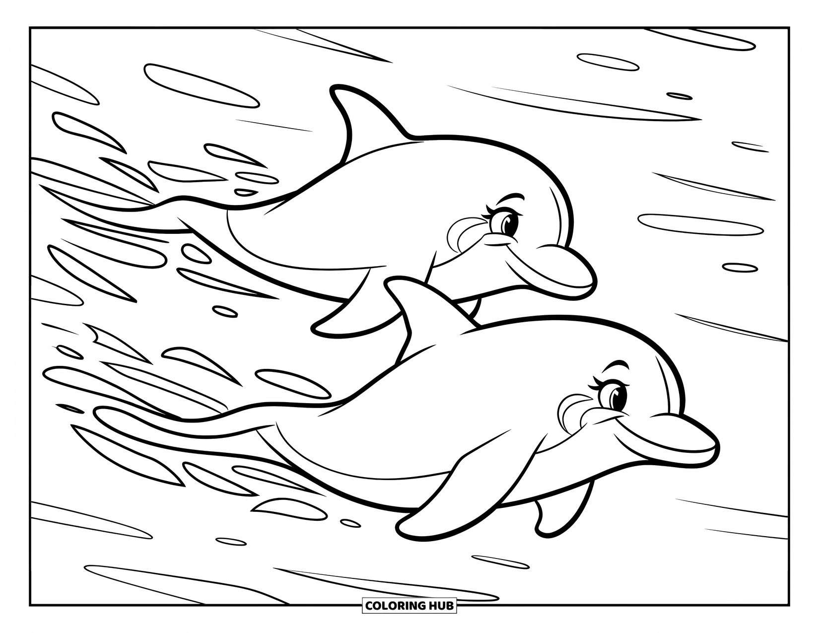Dolphin Coloring Page for Kids: Two dolphins racing with swirling water trails