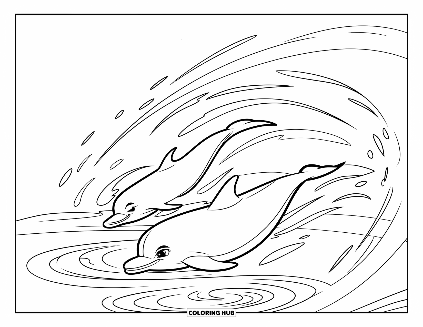 Dolphin Coloring Page for Kids: Two dolphins speeding through the water, leaving trails