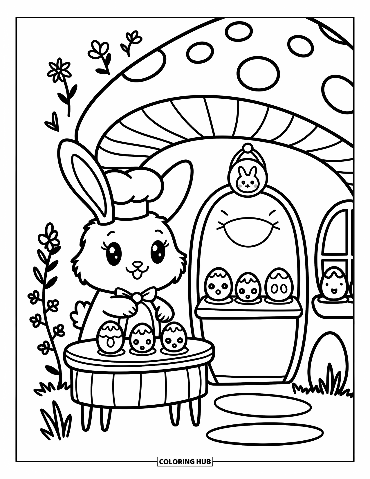 Desenho de Coelho da Páscoa para colorir para adultos: Um coelho chef assa guloseimas de Páscoa do lado de fora de uma padaria de cogumelos, cercado por pequenos detalhes encantadores