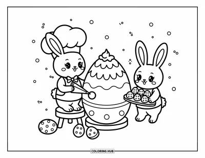 Coloriage de lapin de Pâques pour adultes : Un lapin chef pâtissier poche soigneusement du glaçage sur un gigantesque œuf de Pâques pendant qu’un autre lapin tient des biscuits