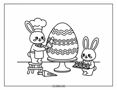 Coloriage de lapin de Pâques pour adultes : Un lapin chef pâtissier est debout sur un tabouret, décorant un énorme gâteau en forme d’œuf de Pâques dans une cuisine chaleureuse