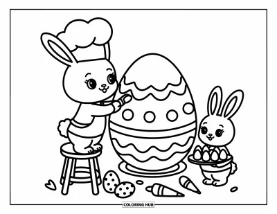 Coloriage de lapin de Pâques pour adultes : Un lapin chef pâtissier est debout sur un tabouret, décorant un gigantesque œuf de Pâques comme un gâteau