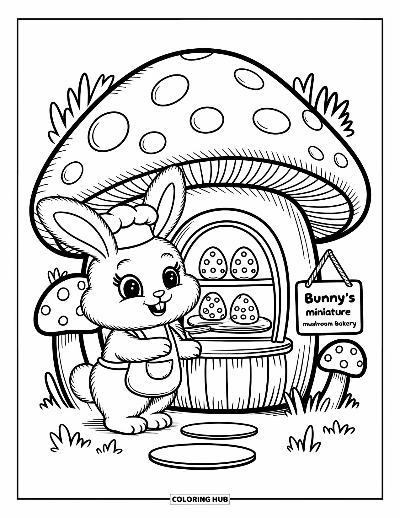 Desenho de Coelho da Páscoa para colorir para adultos: Um coelho chef está do lado de fora de uma casa de cogumelos, preparando biscoitos de ovo de Páscoa em um pequeno balcão