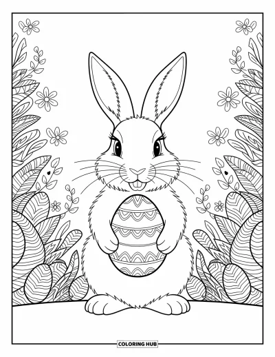 Coloriage de lapin de Pâques pour adultes : Un lapin berce un œuf ornementé, encadré d’arabesques tourbillonnantes et de motifs floraux détaillés