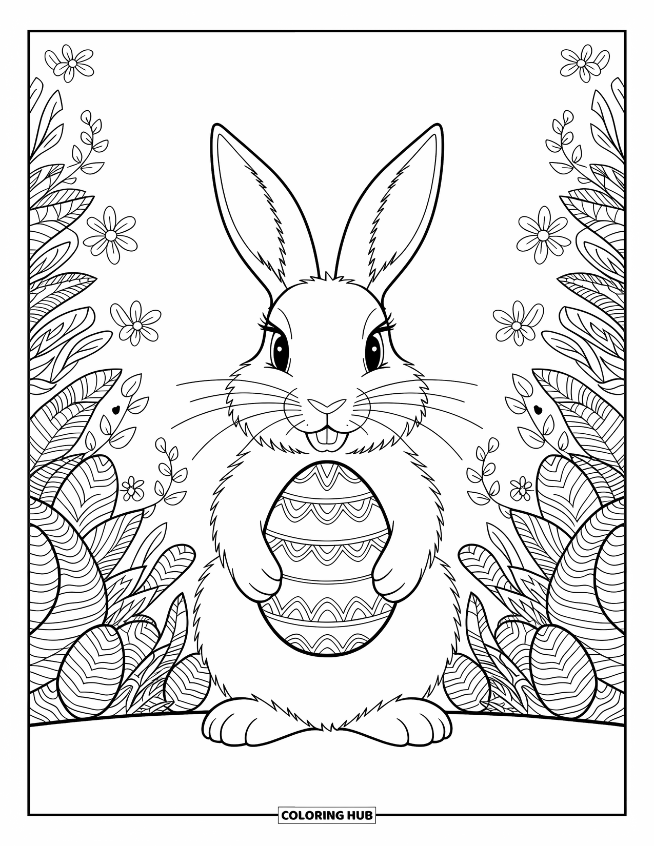 Desenho de Coelho da Páscoa para colorir para adultos: Um coelho embala um ovo ornamentado, emoldurado por filigrana rodopiante e motivos florais detalhados