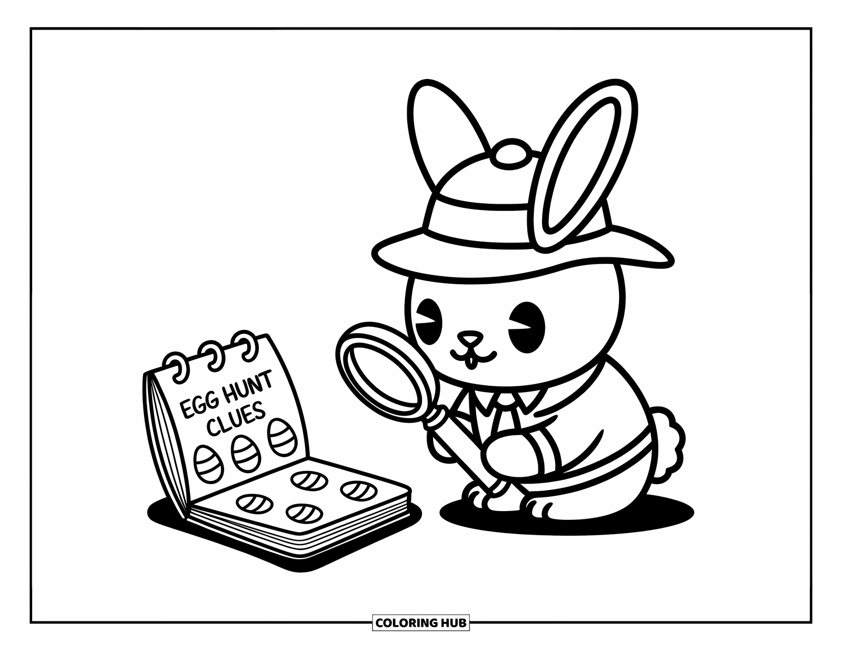 Desenho de Coelho da Páscoa para colorir para adultos: Um coelho vestido como um detetive examina cuidadosamente as pistas de ovos de Páscoa em um pequeno caderno