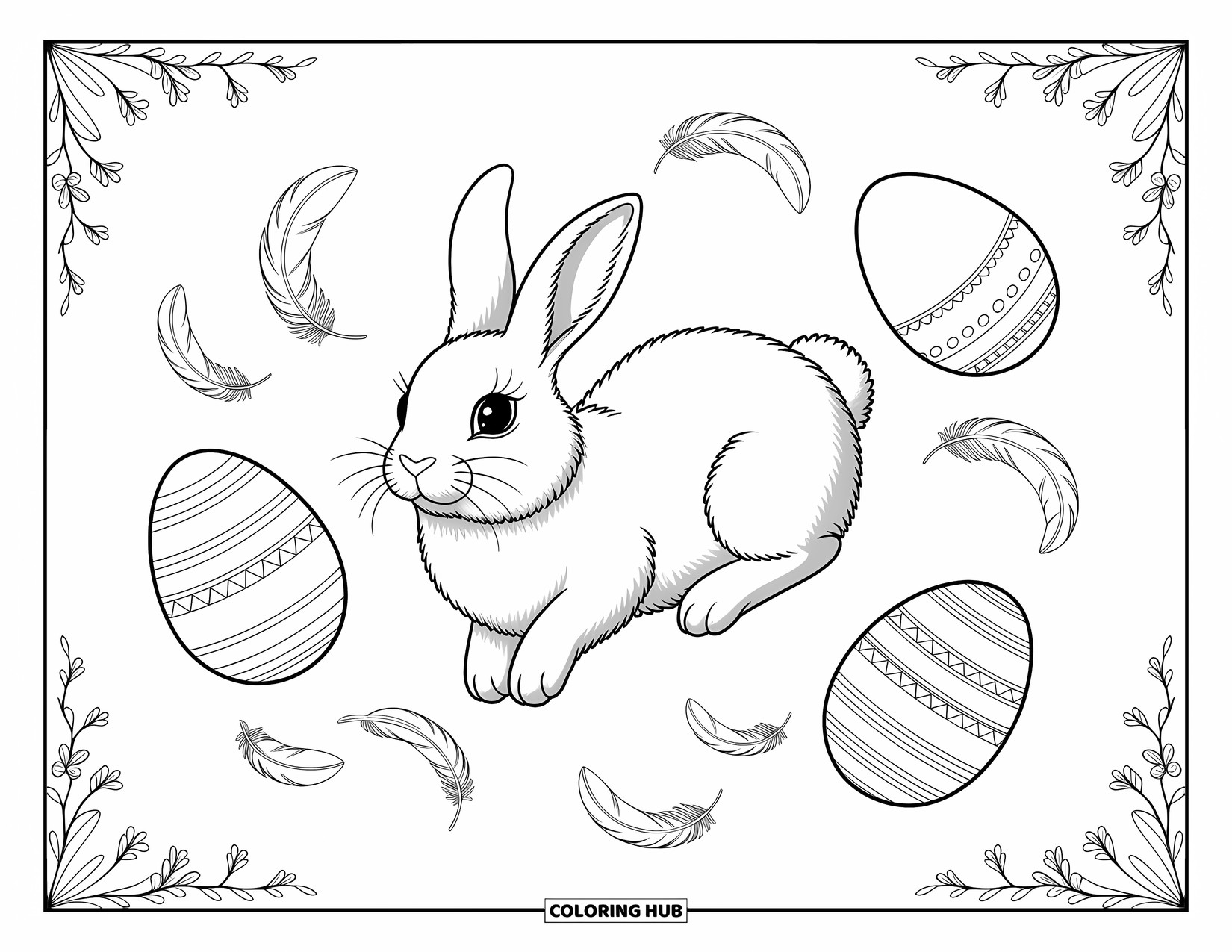 Desenho de Coelho da Páscoa para colorir para adultos: Um coelho flutua suavemente no céu, cercado por ovos decorados e delicadas penas flutuantes