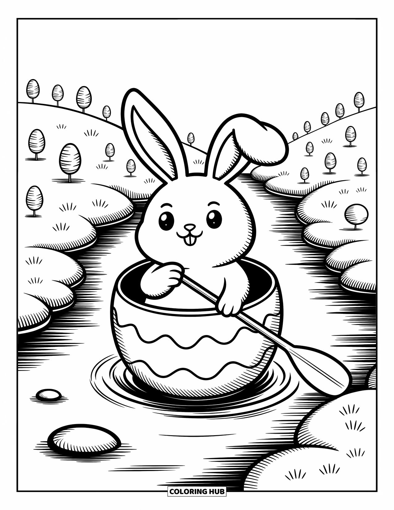 Desenho de Coelho da Páscoa para colorir para adultos: Um coelho flutua em um barco de ovo de Páscoa, remando suavemente por um riacho passando por colinas