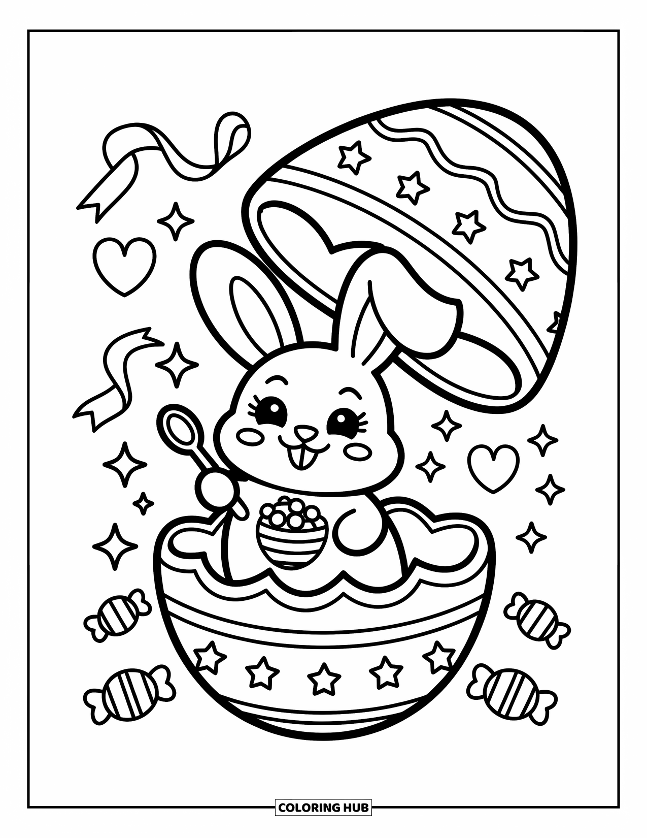 Desenho de Coelho da Páscoa para colorir para adultos: Um coelho dentro de um ovo rachado segura uma colher, cercado por estrelas cintilantes e pequenos doces