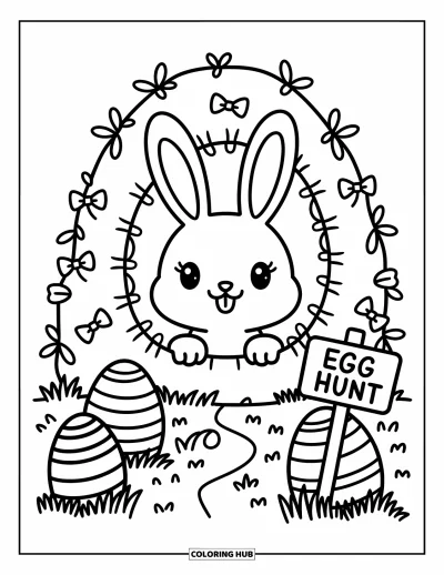 Coloriage de lapin de Pâques pour adultes : Un lapin passe la tête hors d’un terrier, observant des œufs de Pâques cachés avec un panneau indiquant une chasse