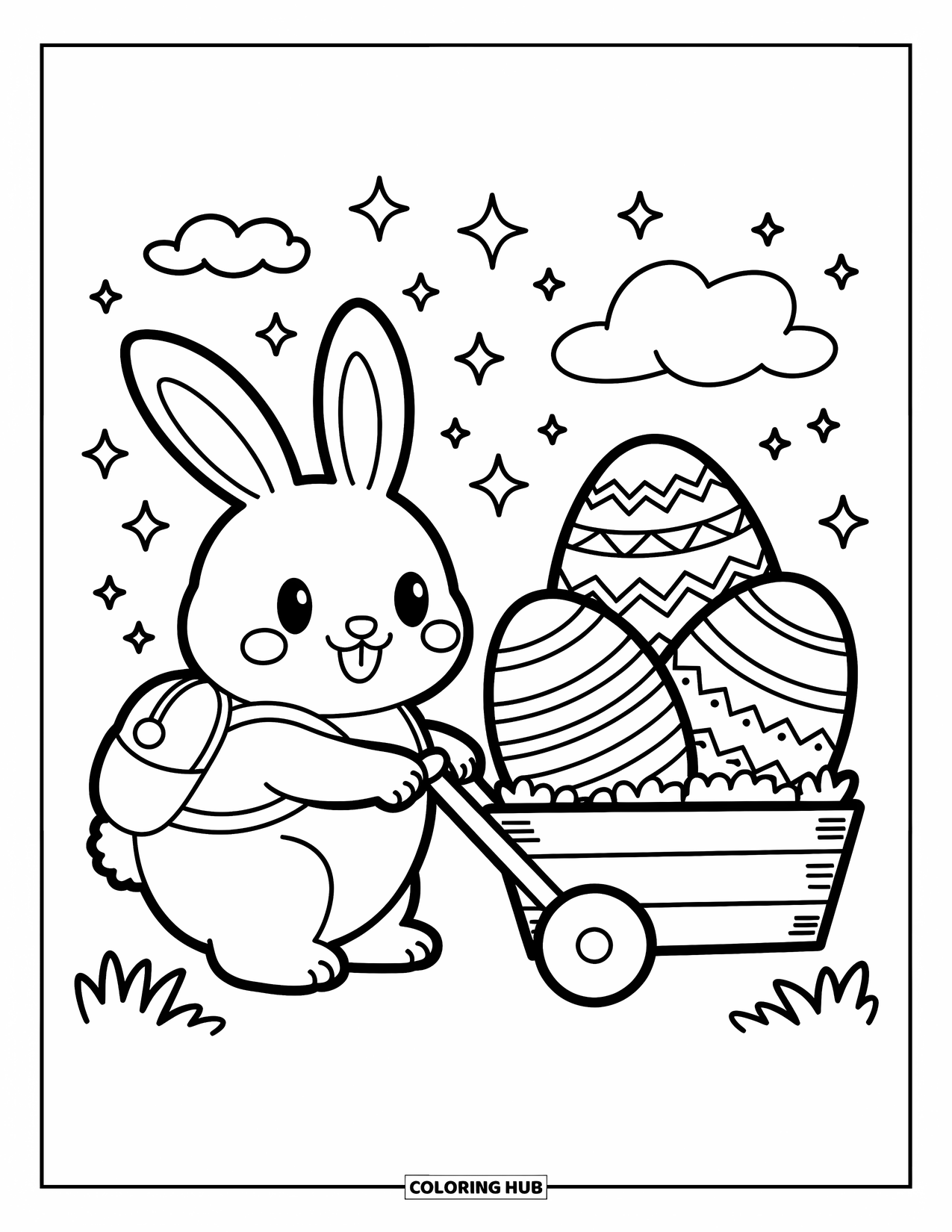 Desenho de Coelho da Páscoa para colorir para adultos: Um coelho empurra um carrinho de ovos grandes sob um céu de brilhos flutuantes e nuvens fofas