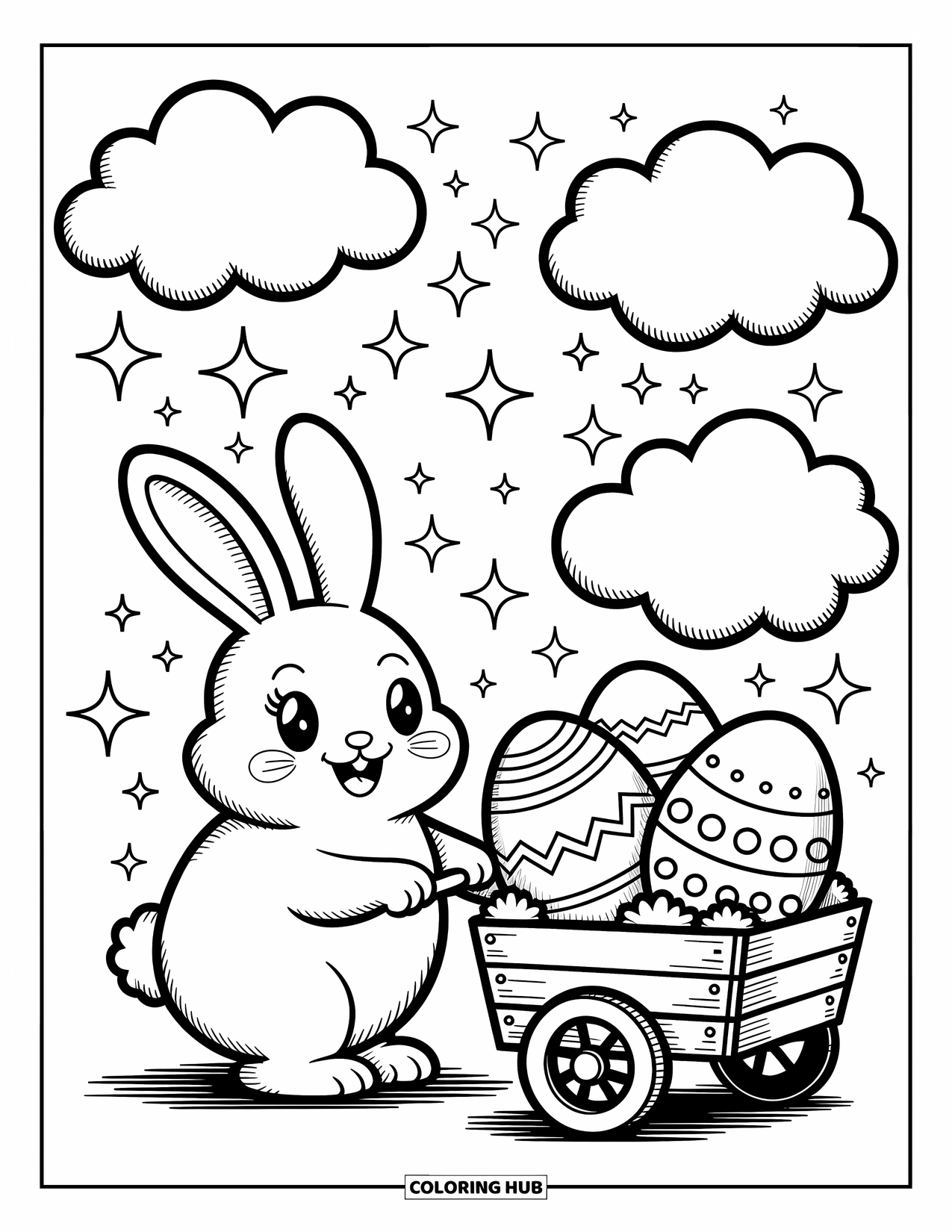 Desenho de Coelho da Páscoa para colorir para adultos: Um coelho empurra um carrinho de madeira cheio de ovos de Páscoa decorados grandes sob nuvens fofas