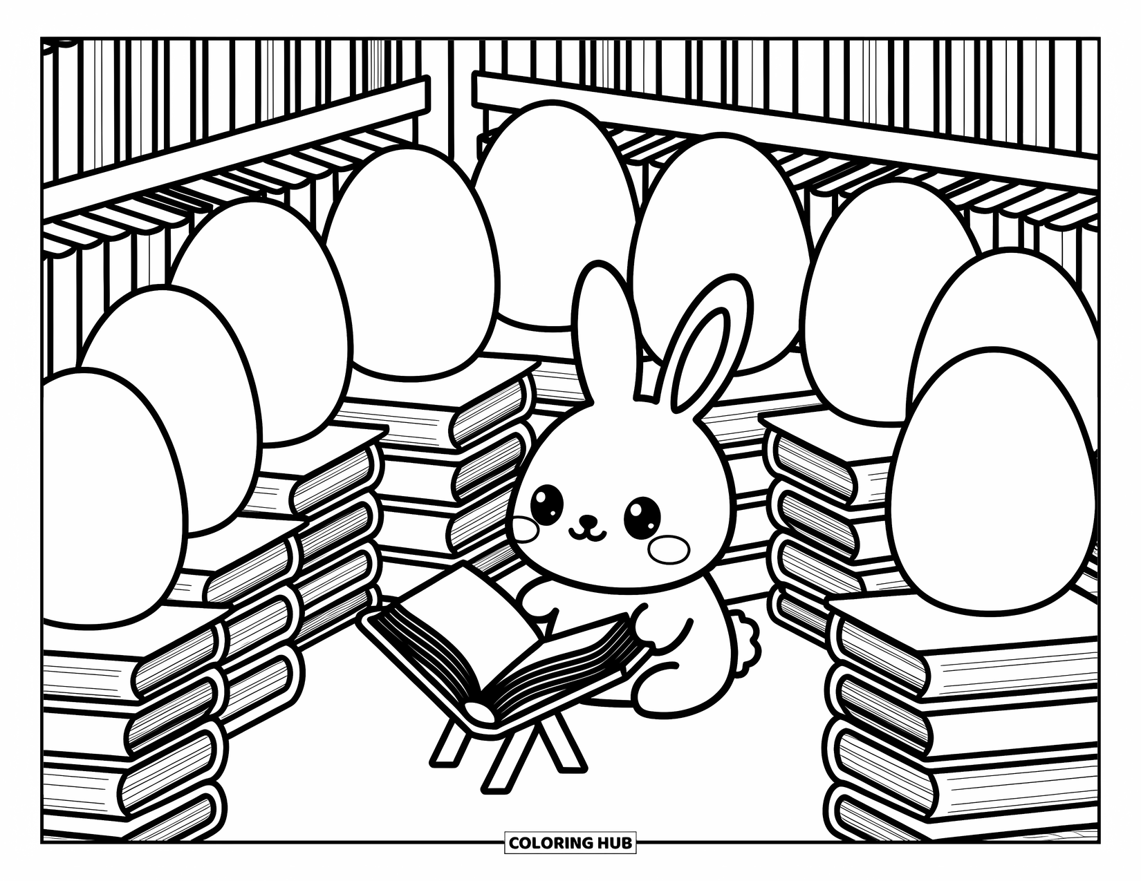 Desenho de Coelho da Páscoa para colorir para adultos: Um coelho descansa perto de um livro aberto em uma loja aconchegante cheia de livros em forma de ovo
