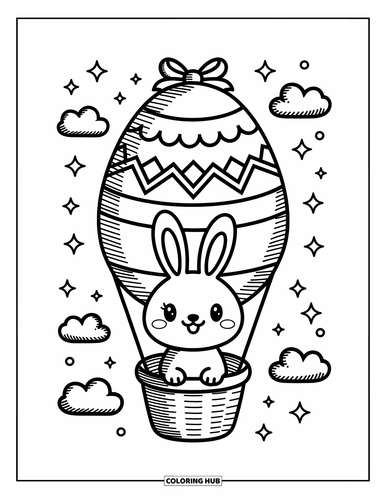 Desenho de Coelho da Páscoa para colorir para adultos: Um coelho anda em uma cesta sob um balão de ar quente gigante em forma de ovo, flutuando entre as nuvens