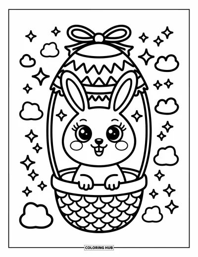 Coloriage de lapin de Pâques pour adultes : Un lapin voyage dans une montgolfière en forme d’œuf, entouré de nuages rêveurs et d’étoiles scintillantes