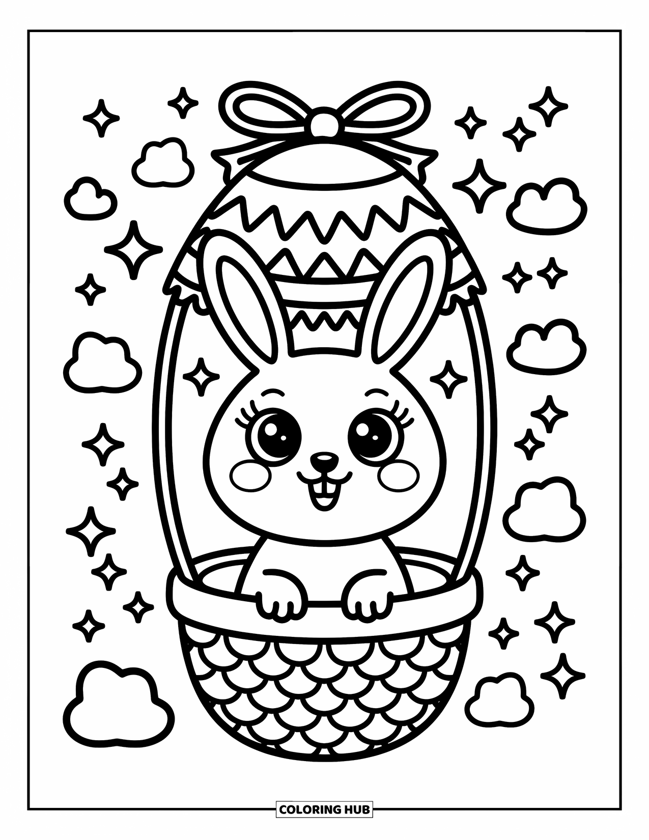 Desenho de Coelho da Páscoa para colorir para adultos: Um coelho anda em um balão de ar quente em forma de ovo, cercado por nuvens sonhadoras e estrelas cintilantes