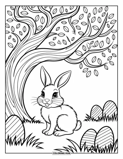 Coloriage de lapin de Pâques pour adultes : Un lapin est assis sous un arbre imposant, dont les branches sont décorées d’œufs cachés et de motifs ornementaux