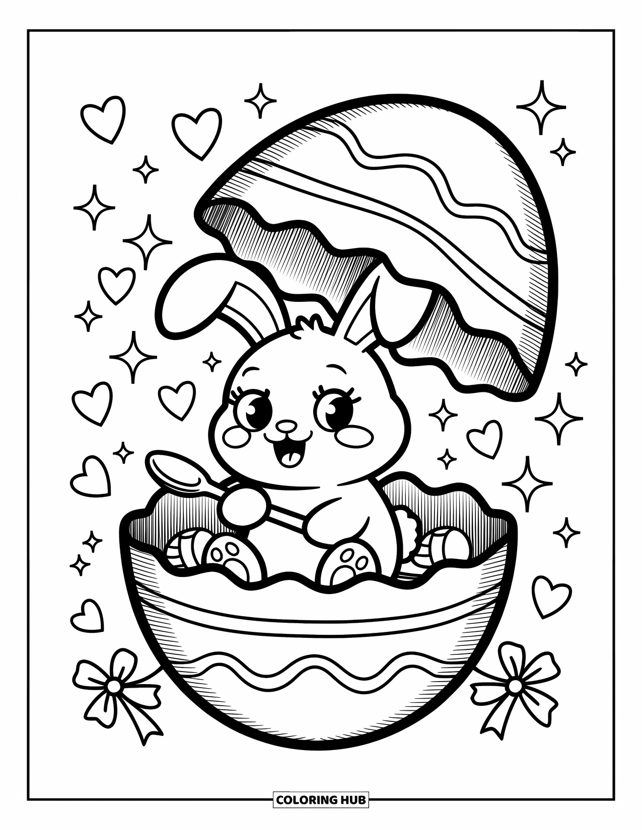 Desenho de Coelho da Páscoa para colorir para adultos: Um coelho senta-se em um ovo rachado, surpreso, enquanto pequenos doces e estrelas flutuam ao redor