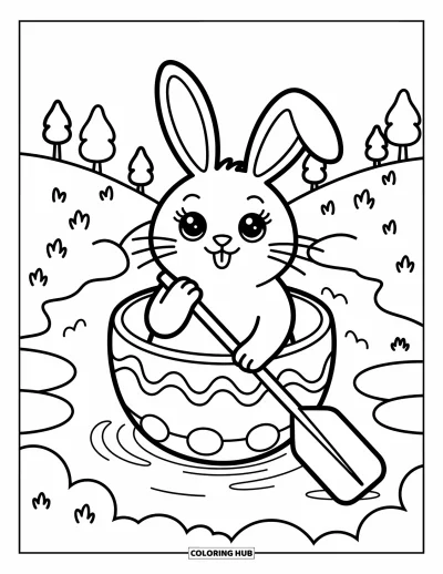 Coloriage de lapin de Pâques pour adultes : Un lapin est assis dans un bateau-œuf et utilise une petite pagaie pour flotter le long d’un ruisseau tranquille