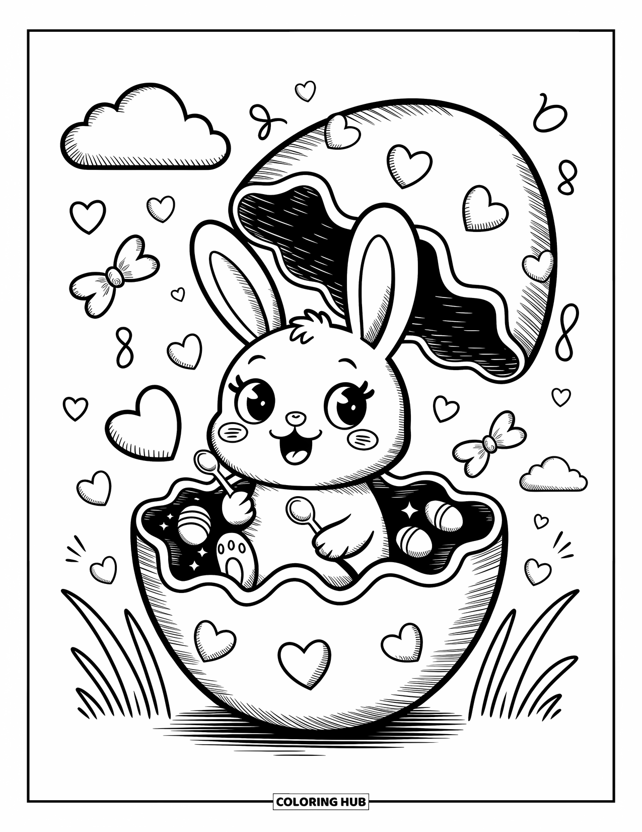 Desenho de Coelho da Páscoa para colorir para adultos: Um coelho senta-se dentro de um ovo de Páscoa rachado, segurando uma pequena colher e cercado por doces flutuantes