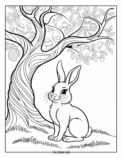 Coloriage de lapin de Pâques pour adultes : Un lapin est assis sous un grand arbre torsadé avec des œufs cachés nichés dans ses branches