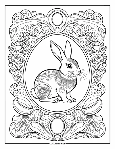 Coloriage de lapin de Pâques pour adultes : Un lapin entouré de motifs floraux délicats et d’ornements en forme d’œuf dans une scène fluide et détaillée