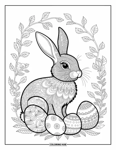 Coloriage de lapin de Pâques pour adultes : Un lapin entouré de volutes florales délicates et d’œufs décorés dans un dessin raffiné et élégant