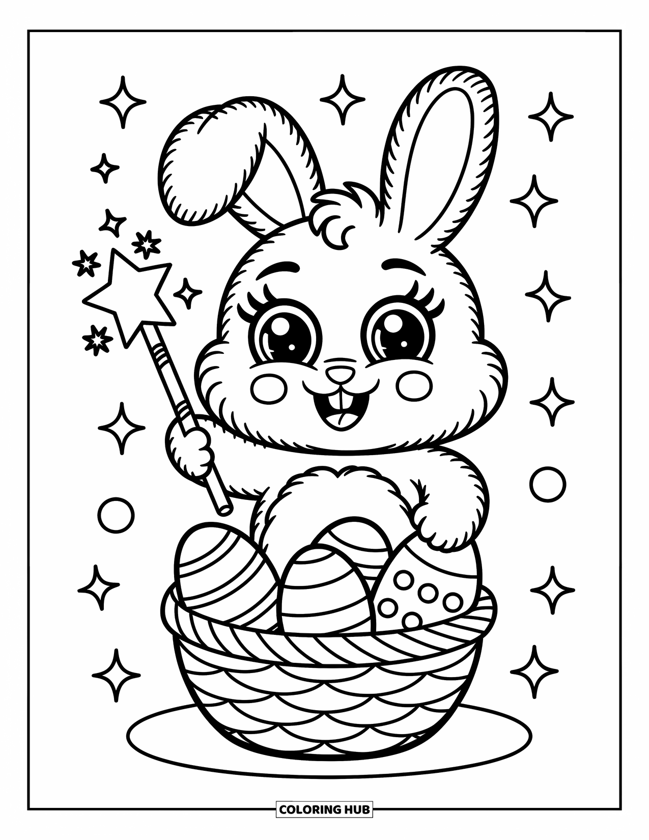 Desenho de Coelho da Páscoa para colorir para adultos: Um coelho usa uma varinha mágica para decorar ovos de Páscoa, cercado por pequenos brilhos e espirais