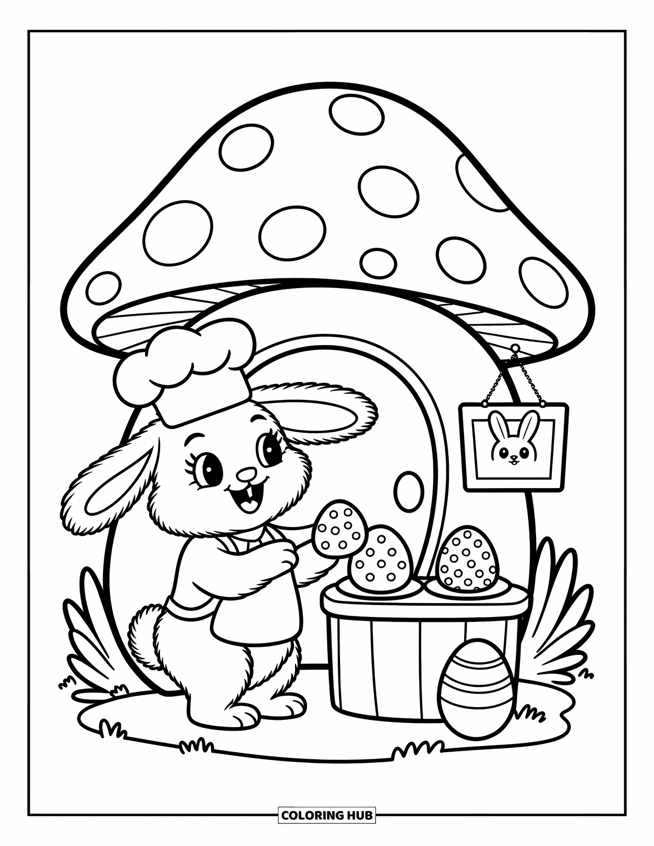 Desenho de Coelho da Páscoa para colorir para adultos: Um coelho usando um chapéu de chef prepara biscoitos do lado de fora de uma padaria de cogumelos com uma placa de boas-vindas