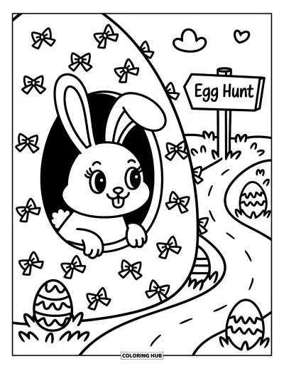 Coloriage de lapin de Pâques pour adultes : Un lapin avec une baguette magique enchante un panier d’œufs de Pâques, remplissant l’air d’étincelles
