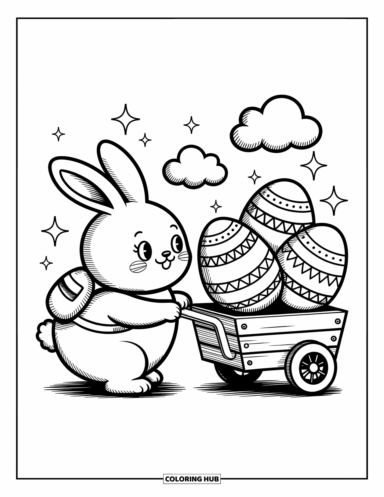 Desenho de Coelho da Páscoa para colorir para adultos: Um coelho com uma pequena mochila empurra um carrinho cheio de ovos de Páscoa grandes em uma cena caprichosa